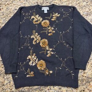 Western Connection Vintage Beaded Sequin Floral Sweater Black Gold Women Large